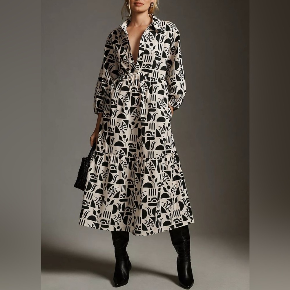Maeve Black and Cream Long Sleeve Printed Midi Dress
